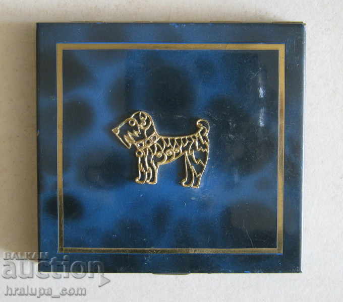 Cutie de pudră veche cutie cosmetică oglindă câine smalț albastru