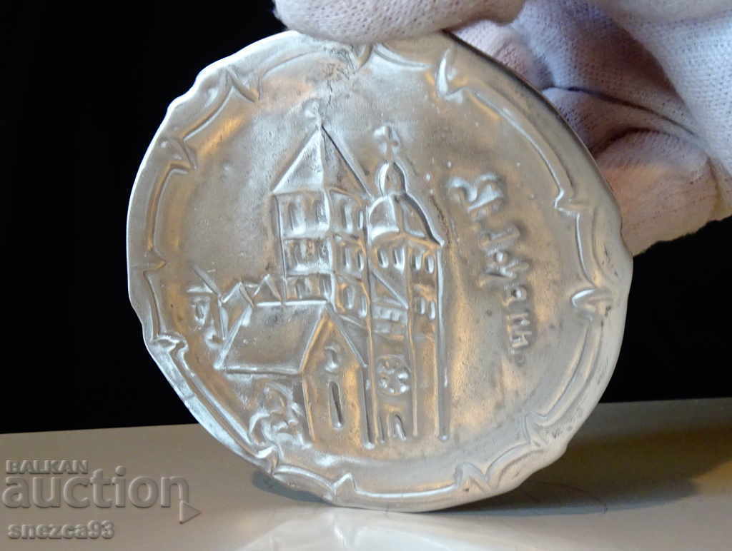 Pewter plate, relief image of a village in Tyrol with price 10.00 BGN | € 5.11 Pewter plate, relief image of a village in Tyrol with price 10.00 BGN | € 5.11