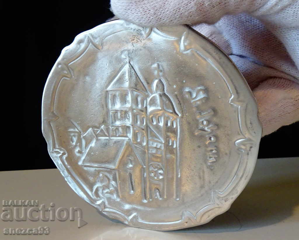 Pewter plate, relief image of a village in Tyrol Pewter plate, relief image of a village in Tyrol