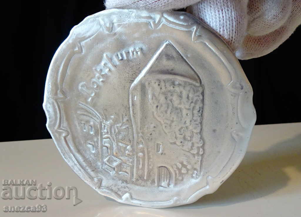 Pewter plate, embossed image of a Lookout Tower