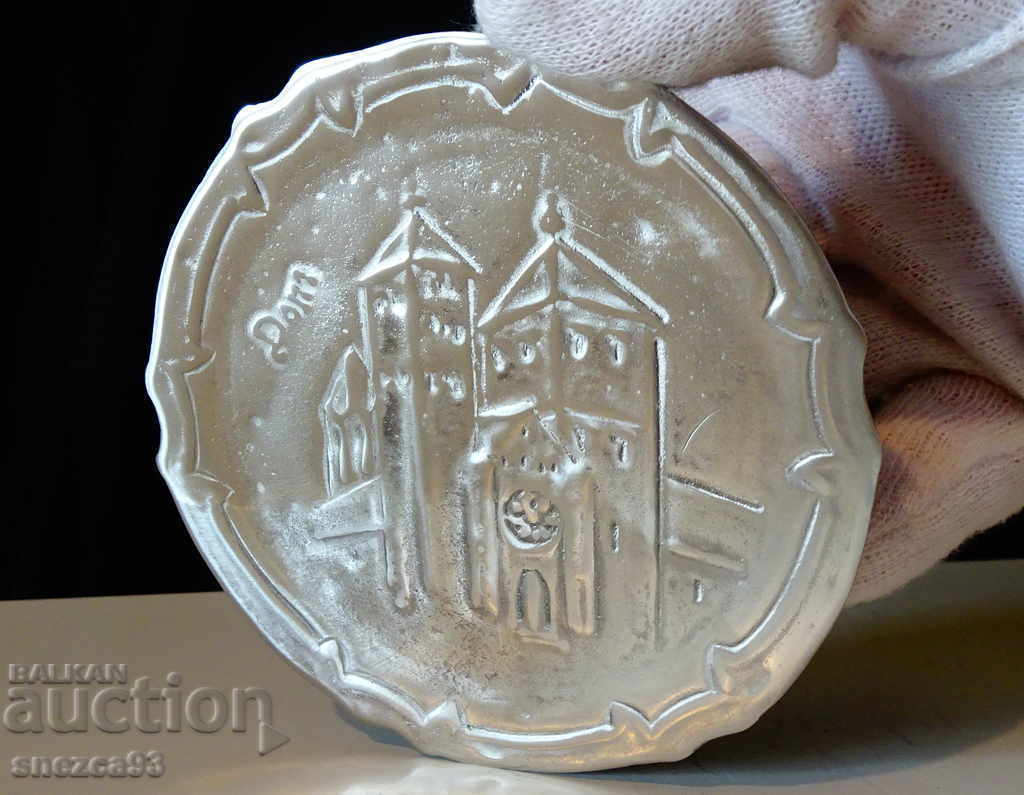Pewter plate, embossed image of St. Peter's Cathedral with price 10.00 BGN | € 5.11