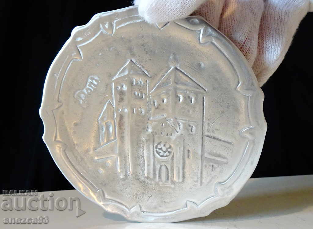 Pewter plate, embossed image of St. Peter's Cathedral