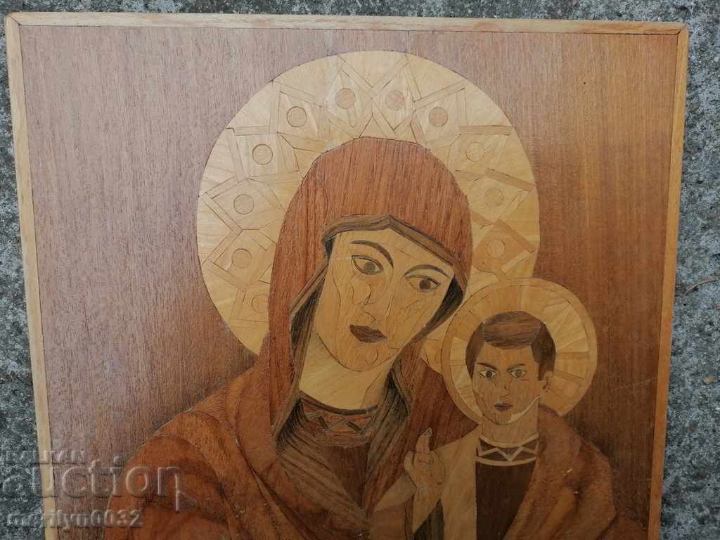 Delivery of Home icon marquetry Virgin with baby halo cross