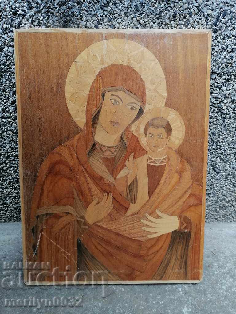 Домашна икона интарзия Богородица с младенеца ореол кръст