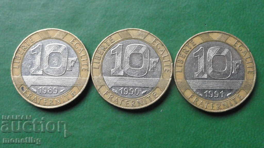 France 1989/90/91 - 10 tailcoats (3 pieces) with price 2.90 BGN | € 1.48