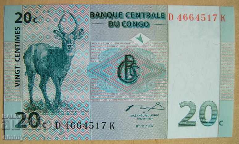 Noua bancnotă de 20 de centime din Congo 1997