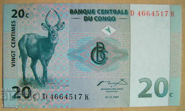 New Congo 20 centima banknote 1997