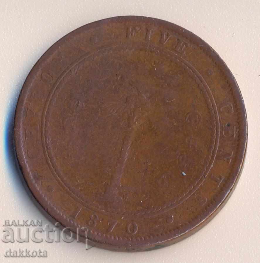 Ceylon Island 5 cents 1870, 18.5 grams, large copper coin