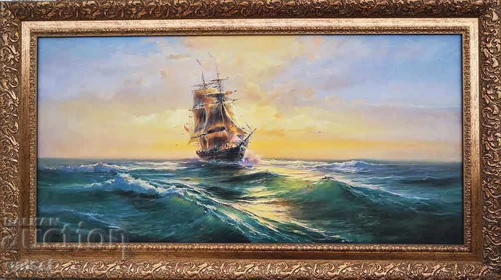 «Στα κύματα», θαλασσογραφία με ιστιοφόρο, ζωγραφική