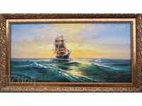 «Στα κύματα», θαλασσογραφία με ιστιοφόρο, ζωγραφική