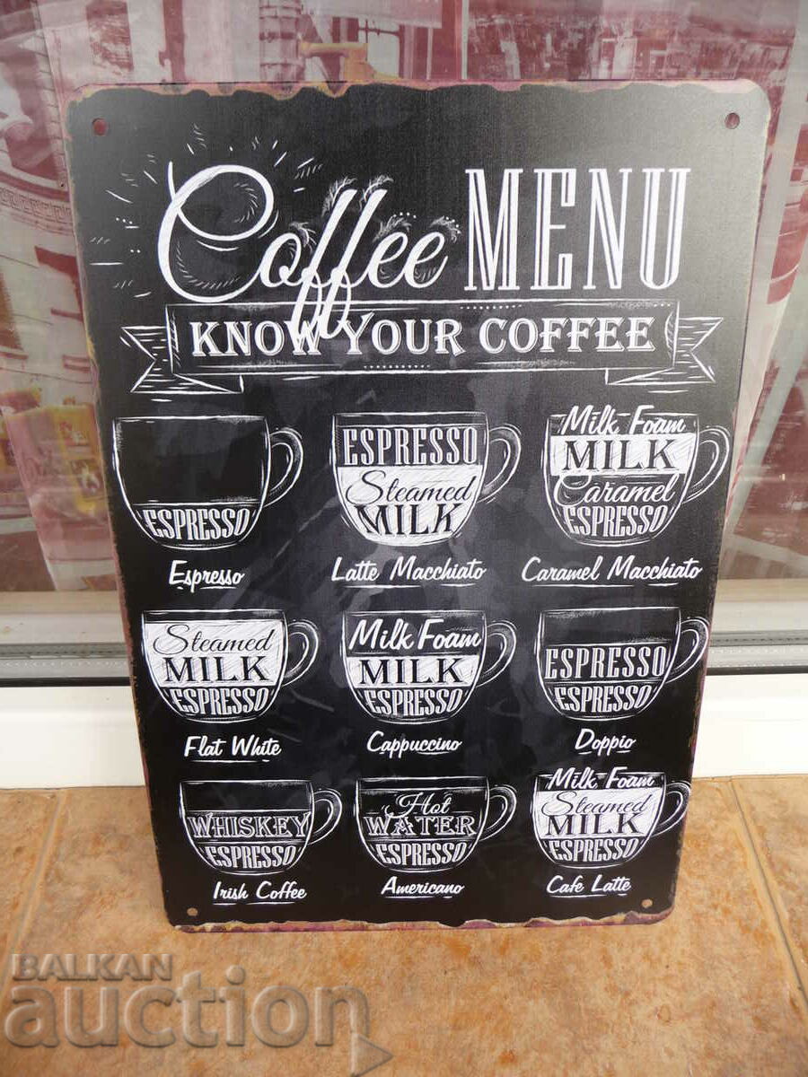 Μενού καφέ μεταλλική πινακίδα διαφορετικοί καφέδες ουίσκι εσπρέσο γάλακτος