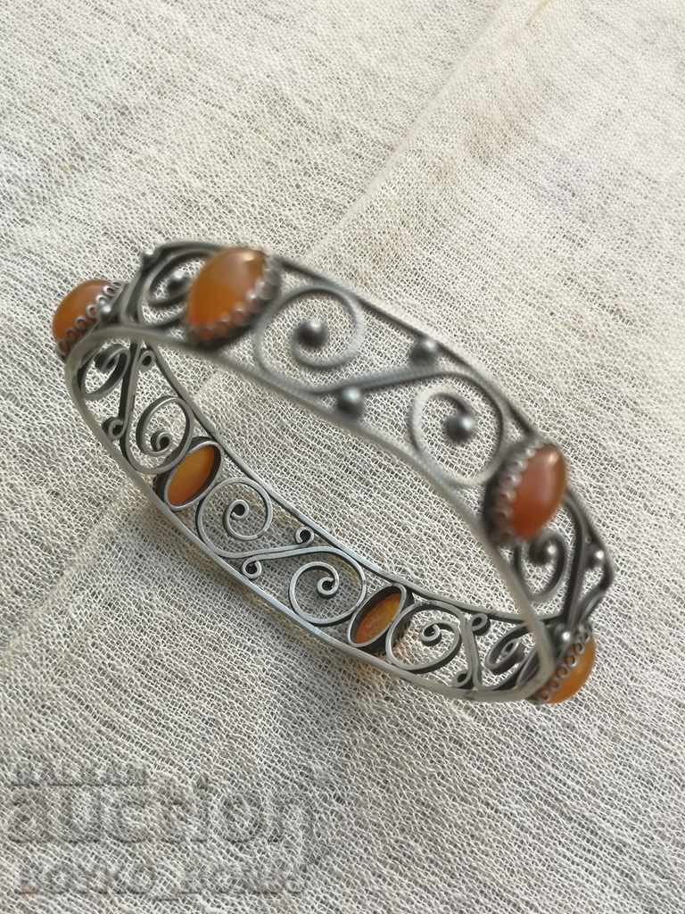 Russian USSR Melchiorena Filigree Bracelet with Amber