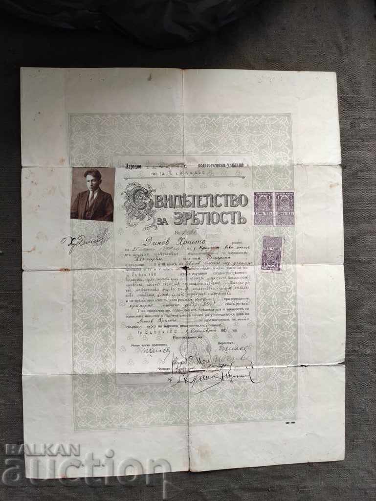 Certificate of maturity Sevlievo 1921. Kramolin