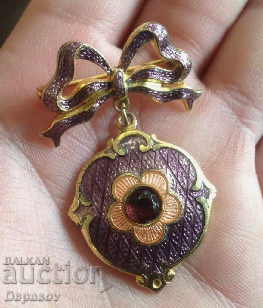 Gorgeous Old Gilded Brooch with Enamel Ribbon with Pendant