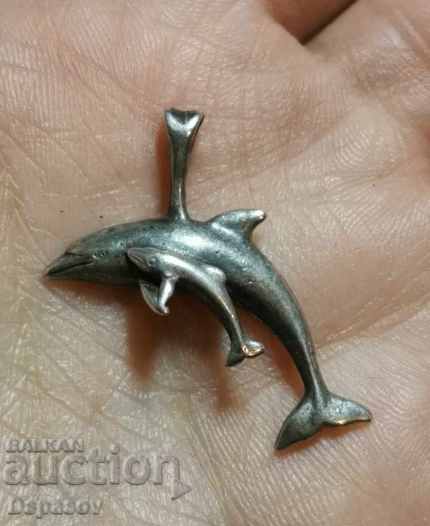 Pandantiv de argint Delfin cu Pruncul ei Mic
