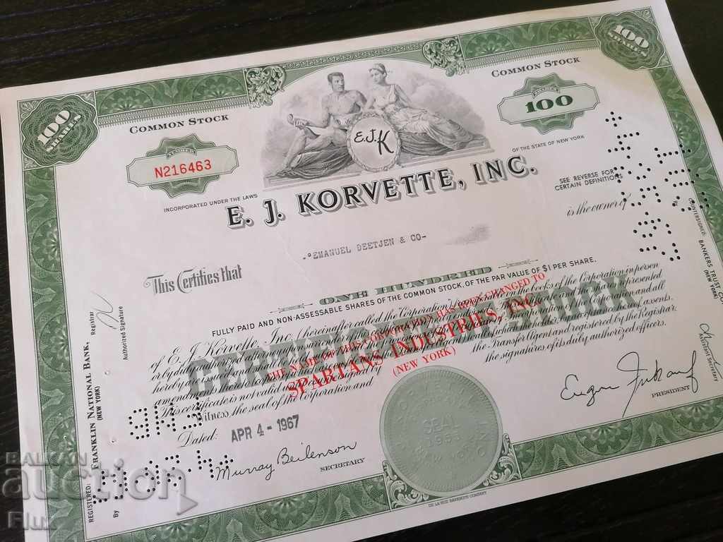 Delivery of Share certificate E. J. Korvette Inc. | 1967 Delivery of Share certificate E. J. Korvette Inc. | 1967