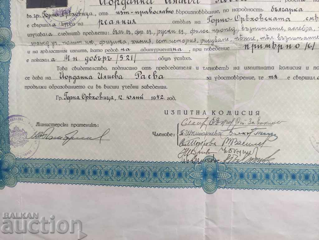 Certificate of maturity Gorna Oryahovitsa High School 1942 with price 50.00 BGN | € 25.56 Certificate of maturity Gorna Oryahovitsa High School 1942 with price 50.00 BGN | € 25.56