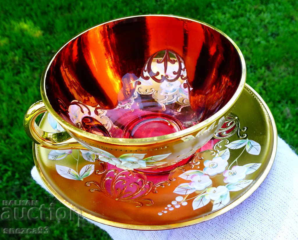 Bohemia crystal glass with saucer, gold. - 5 Bohemia crystal glass with saucer, gold. - 5