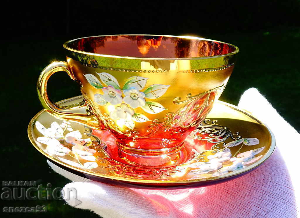 Bohemia crystal glass with saucer, gold. - 7 Bohemia crystal glass with saucer, gold. - 7