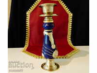 Antique blue catalytic candlestick, silver-plated brass.