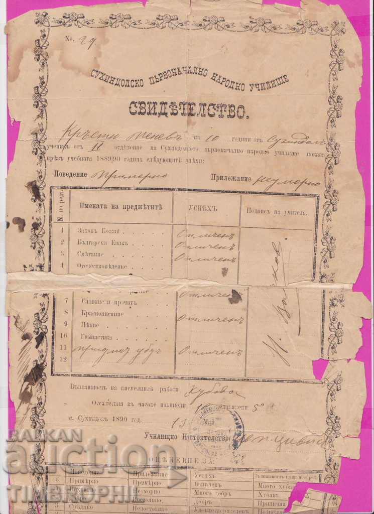 262977/1890 Certificate - the village of Suhindol Sevlievo