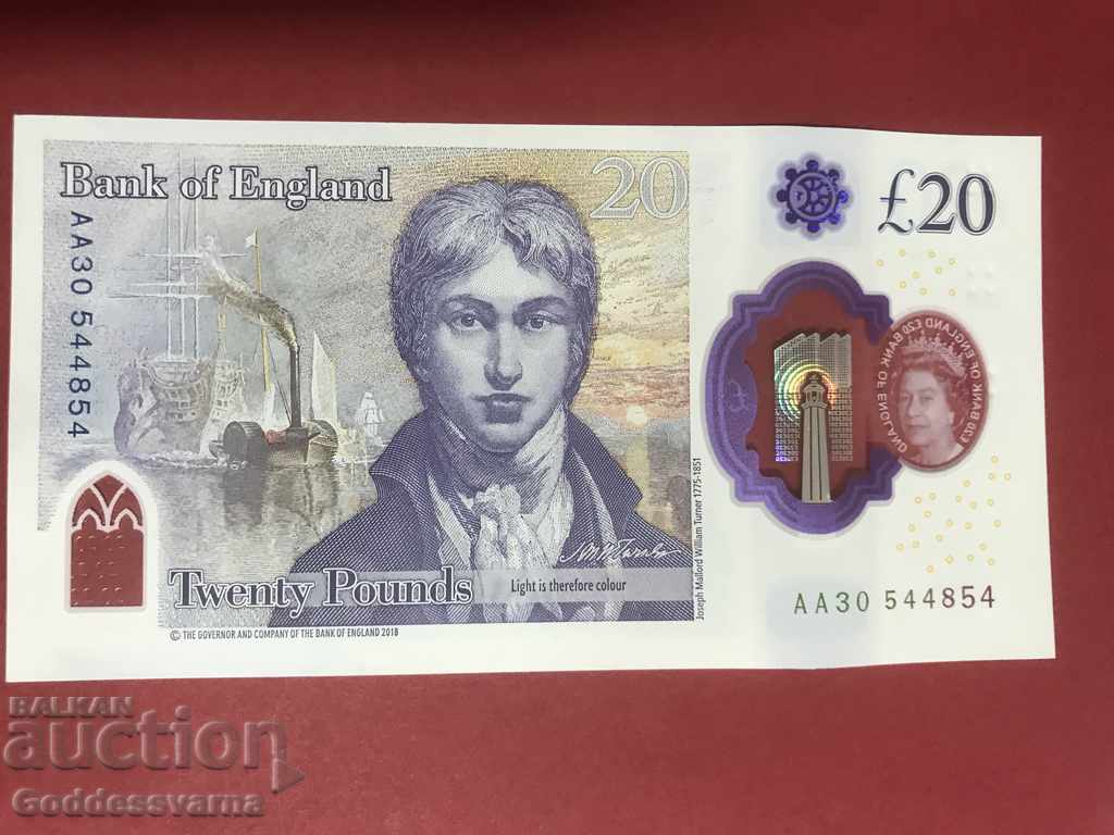 England 20 Pound New issue Plastic / Polymer Ref AA30544854 with price 65.00 BGN | € 33.23