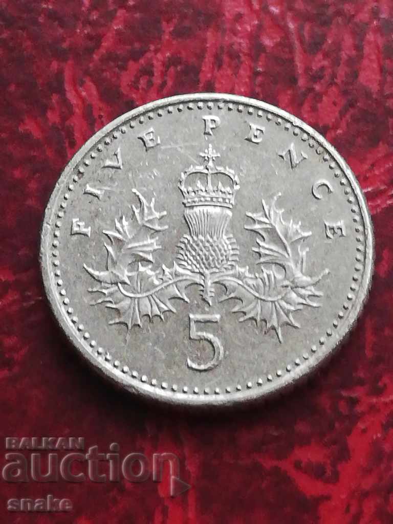 Великобритания 5 пенса 1990г.