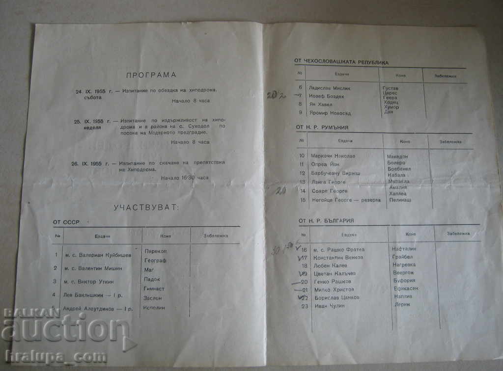 Delivery of Program international equestrian tournament Sofia 1955 Delivery of Program international equestrian tournament Sofia 1955