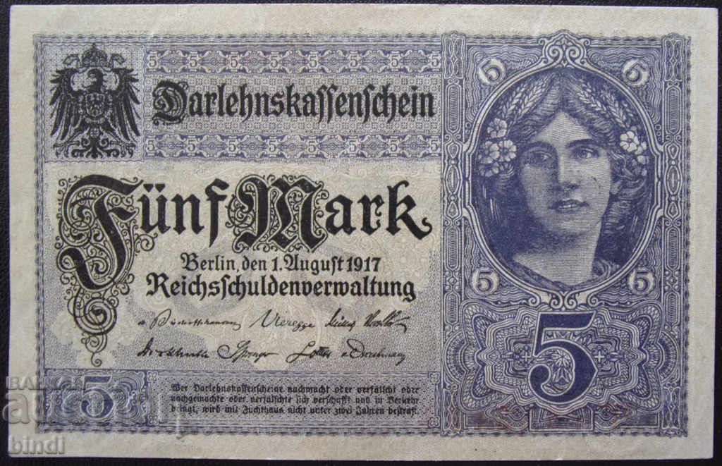 Germany 5 Mark 1917 XF Rare Banknote