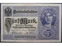 Germania 5 Mark 1917 XF Rare Banknote