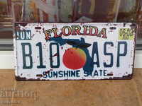 Metal plate number Florida orange American state decor