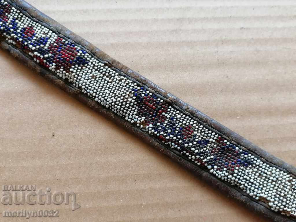 Auction Old handwoven leather belt for pafti beads blue costume Auction Old handwoven leather belt for pafti beads blue costume