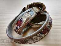 Old handwoven leather belt for pafti beads blue costume