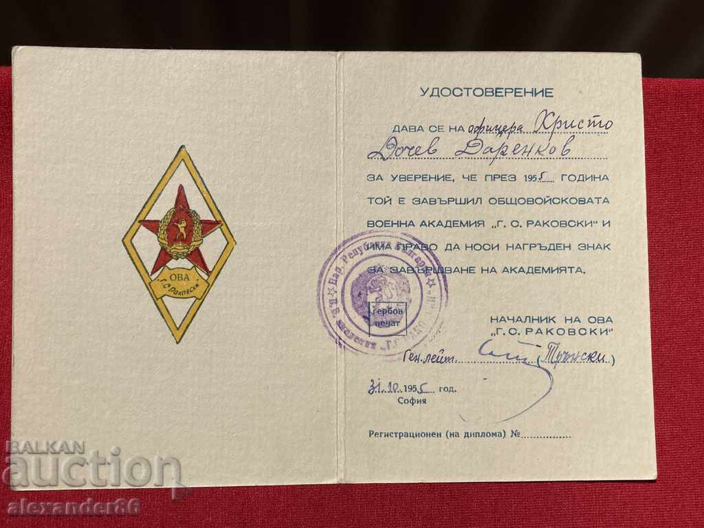 Rare document OVA G.S. Rakovski 1955 Signature Slavcho Transki