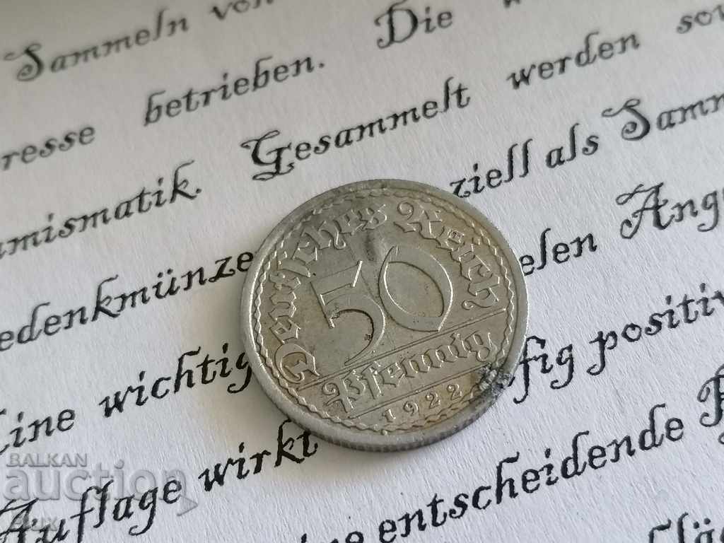 Νόμισμα Ράιχ - Γερμανία - 50 pfenig | 1922; σειρά A