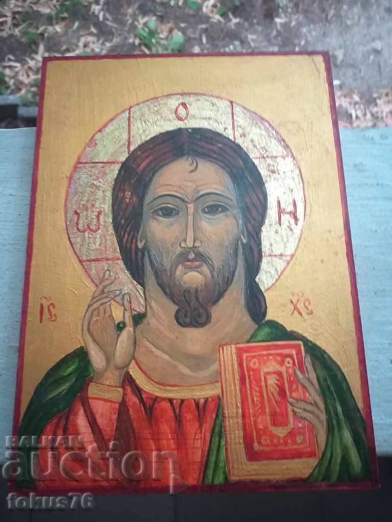 O icoană veche pictată manual în stare excelentă, Iisus Hristos
