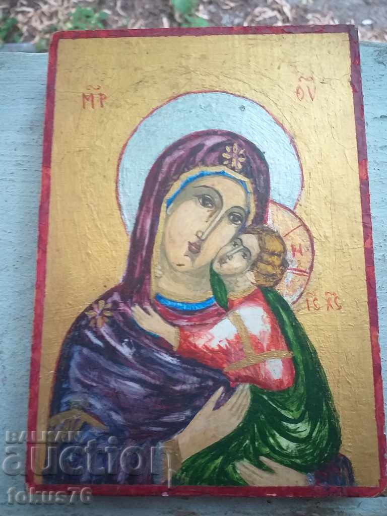 Old hand-painted icon in excellent condition Mother of God with