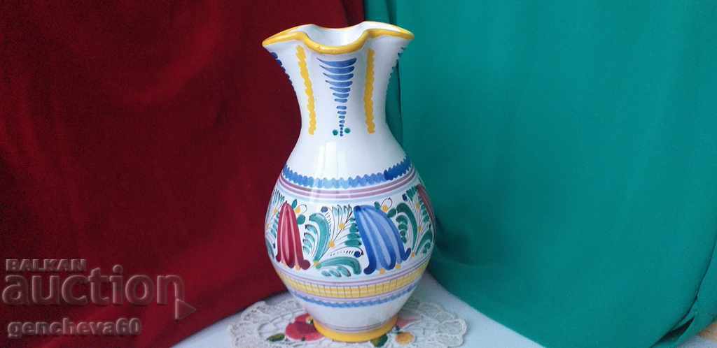 Hand-painted ceramic vase 26cm, flowers, signature