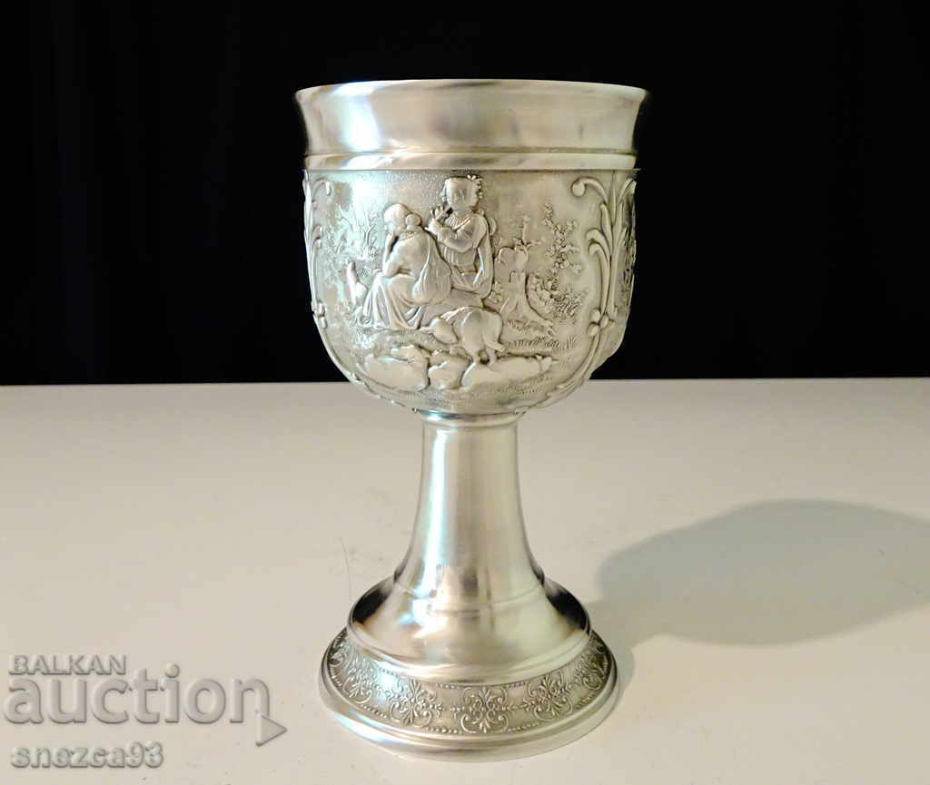 Auction Pewter goblet, wine glass made of pewter with beautiful rural scenes Auction Pewter goblet, wine glass made of pewter with beautiful rural scenes