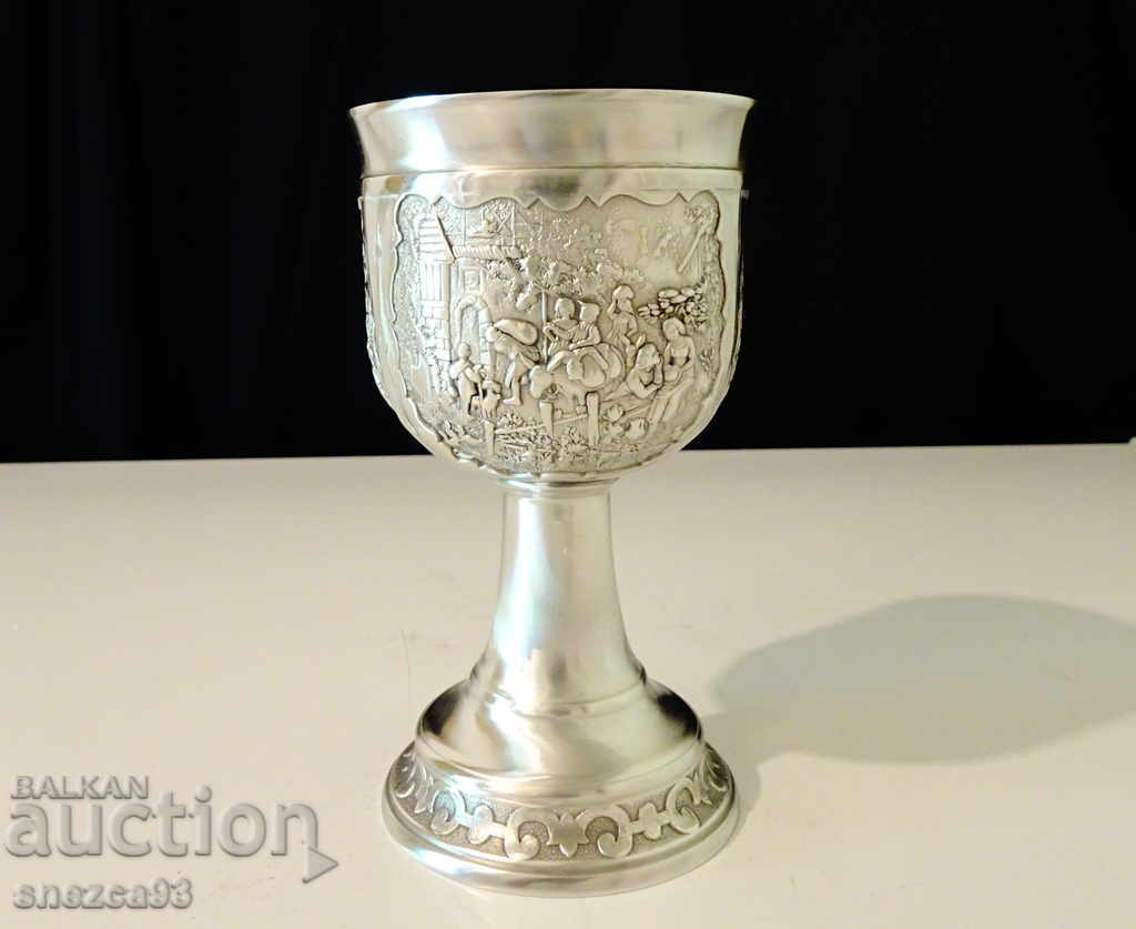 Auction Pewter wine glass, embossed rural scenes, author's work Auction Pewter wine glass, embossed rural scenes, author's work
