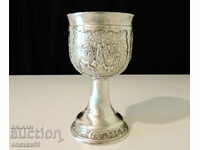 Pewter goblet with embossed farm paintings Franz von Defregg