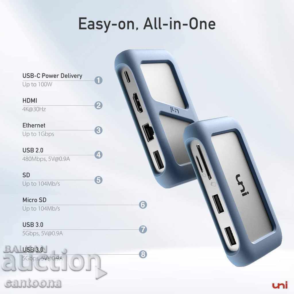uNI USB-C 8-σε-1 διανομέας 4K HDMI, 2xUSB 3, USB 2.1000 Mbps, PD με τιμή 49.99 BGN | € 25.56