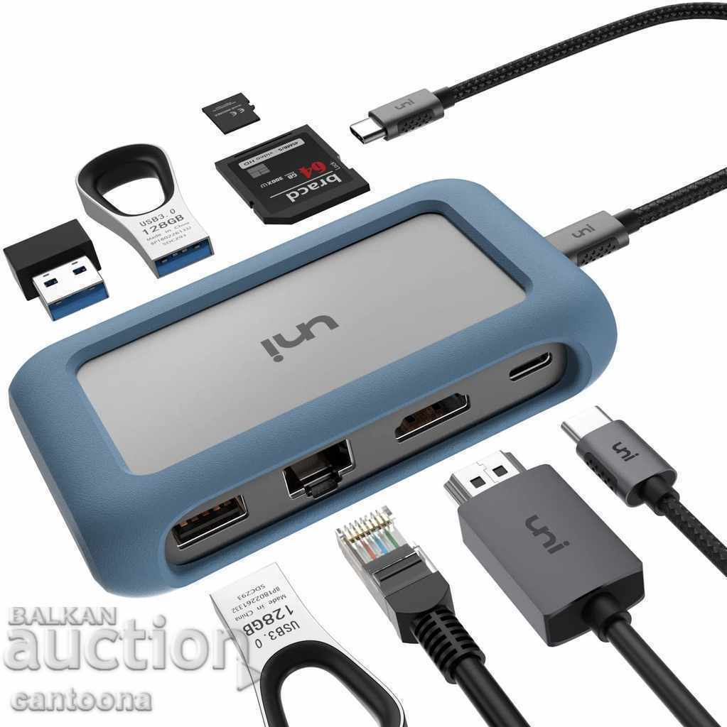 uNI USB-C 8-in-1 hub 4K HDMI, 2xUSB 3, USB 2,1000 Mbps, PD