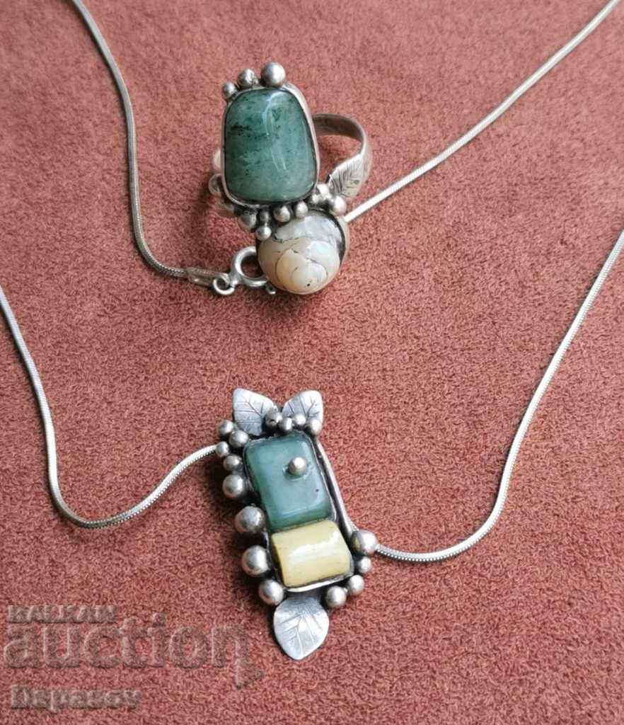 Silver Necklace Pendant and Aventurine Ring Mother of Pearl Sink