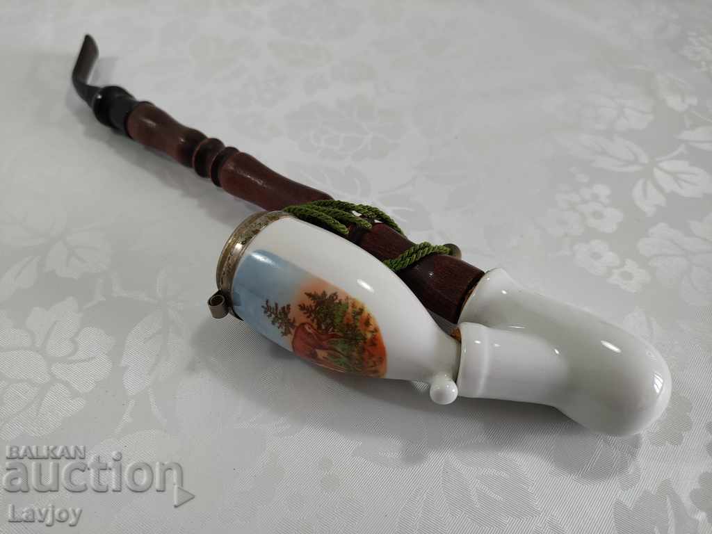 Auction Old large porcelain pipe Hunting scene Auction Old large porcelain pipe Hunting scene