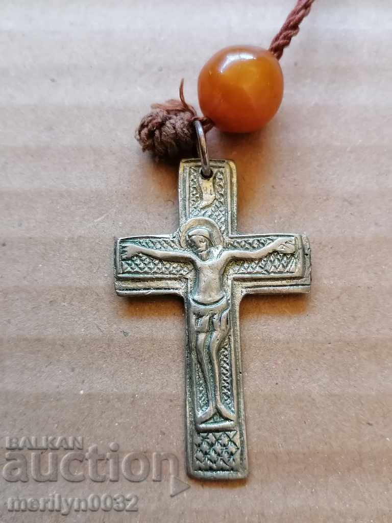 Ασημένιο σταυρό ψιλοκομμένο σταυρό κεχριμπαρένιο μπαλάκι της γιαγιάς προσκυνητή