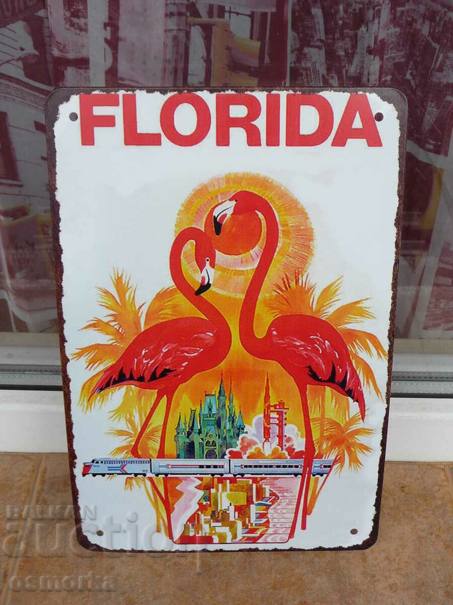 Metal sign Florida Florida flamingo trains palm trees beach