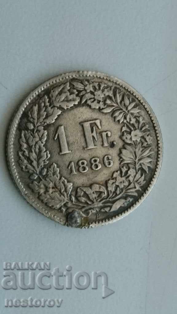 ONE SILVER FRANC ELVETIA 1886