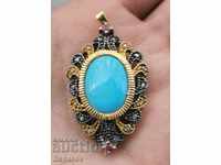 Old Pendant Gold 9K and Silver 925 with Diamonds Turquoise Ruby