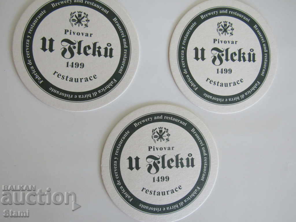 Set of 3 beer coasters from U Fleků brewery, Czech Republic
